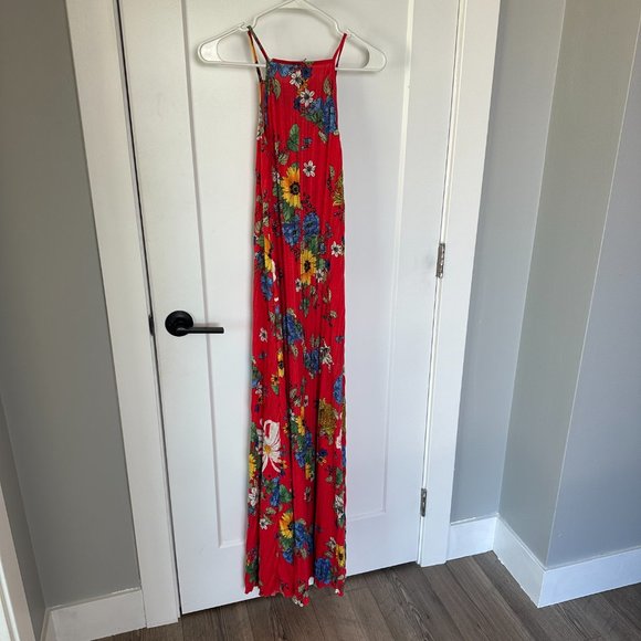 ASOS Red Maxi Floral Dress High Neck Halter Tropical Hawaiian - Picture 5 of 5